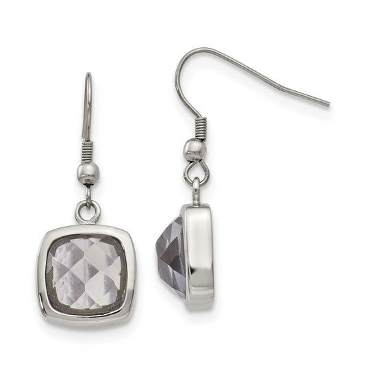 Stainless Steel Chisel Polished Square Grey Glass Dangle Shepherd Hook Earrings
