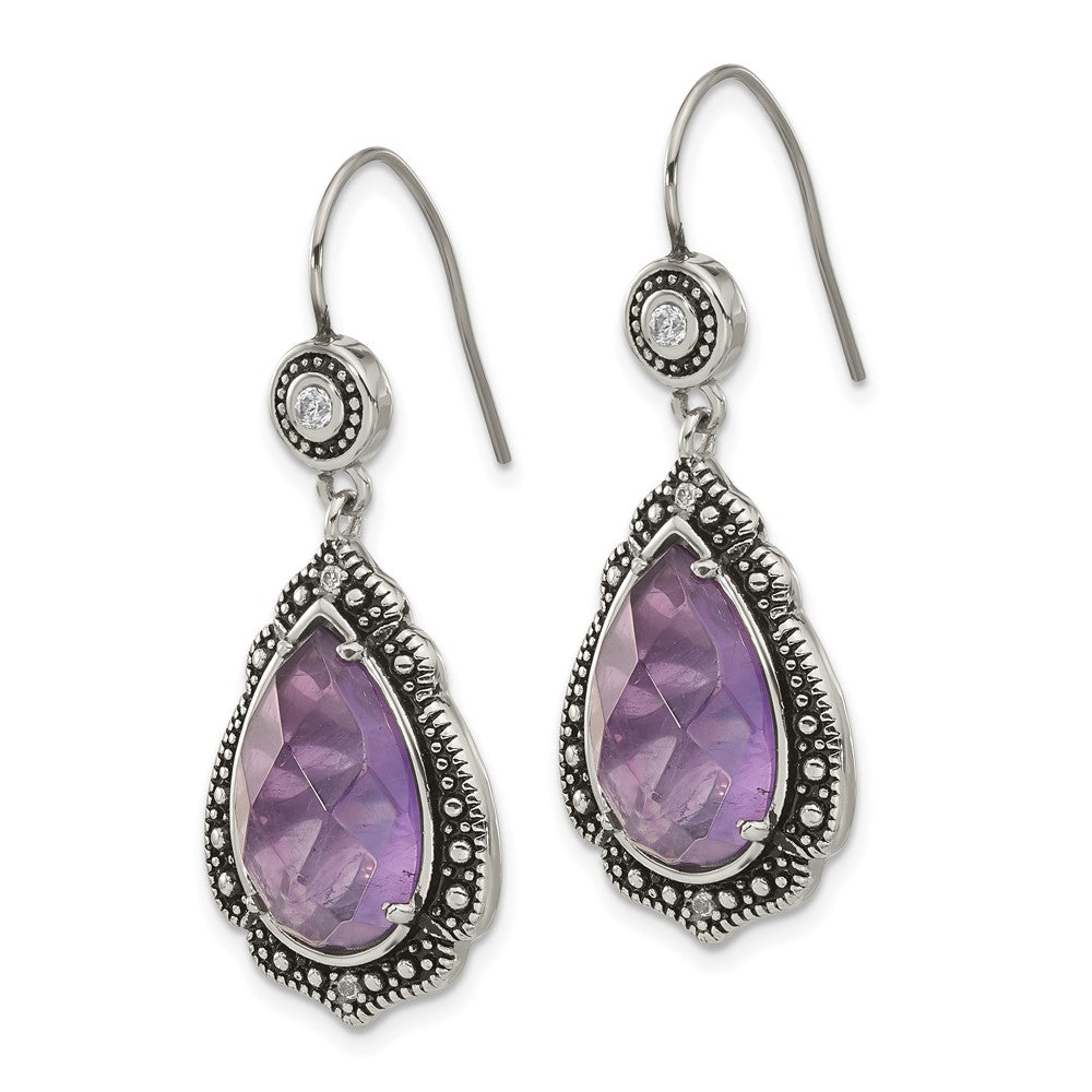 Stainless Steel Polished & Antiqued Purple Clear Cz Dangle Earrings