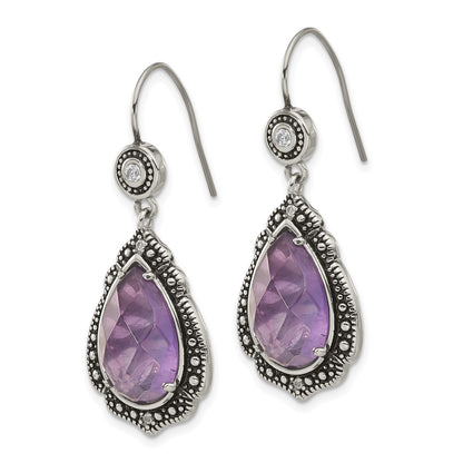 Stainless Steel Polished & Antiqued Purple Clear Cz Dangle Earrings