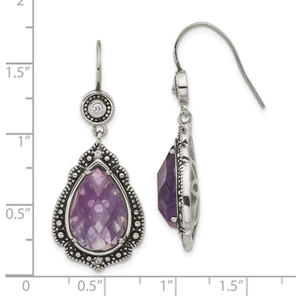 Stainless Steel Polished & Antiqued Purple Clear Cz Dangle Earrings