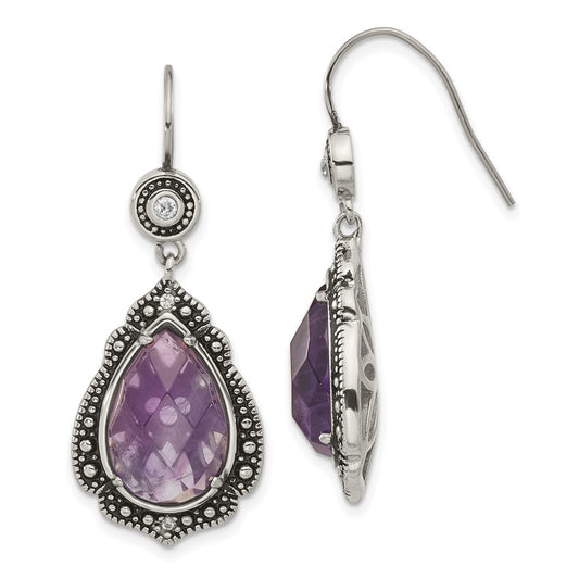 Stainless Steel Polished & Antiqued Purple Clear Cz Dangle Earrings