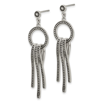 Stainless Steel Polished & Antiqued Circle Bars Post Dangle Earrings