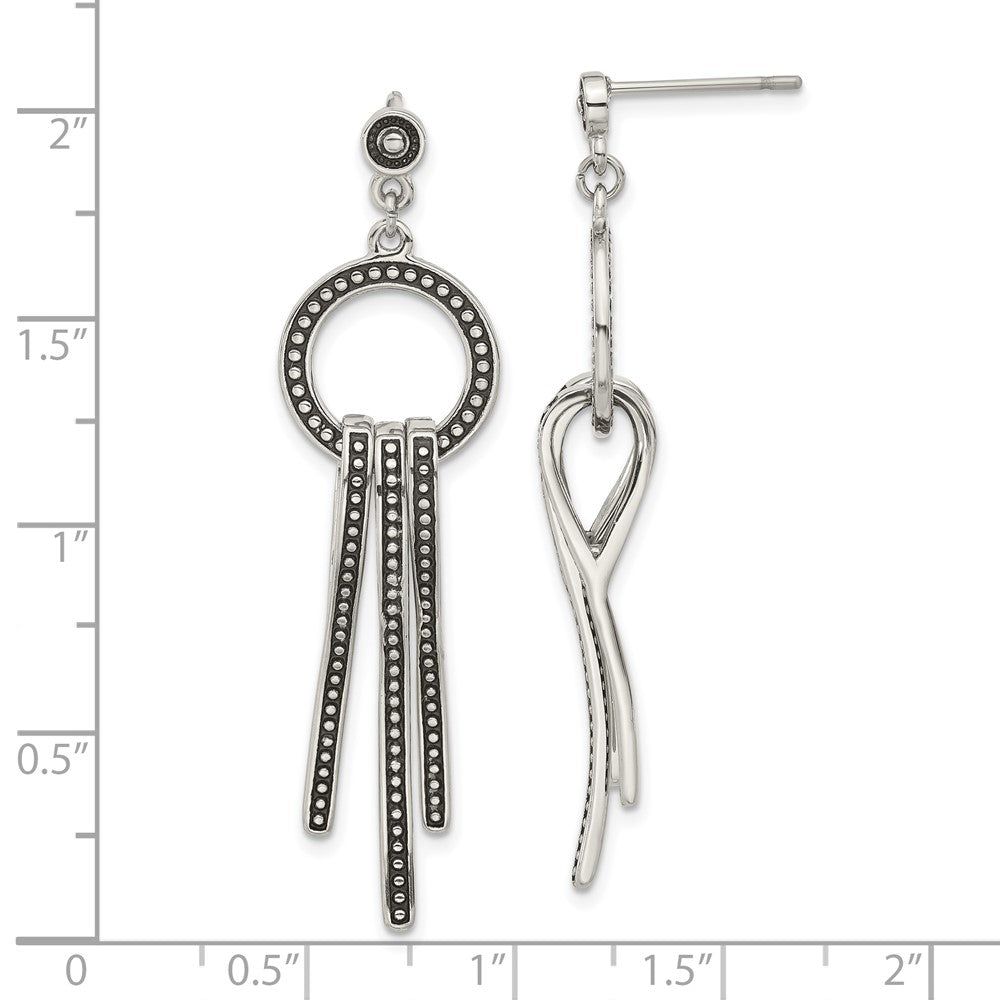 Stainless Steel Polished & Antiqued Circle Bars Post Dangle Earrings
