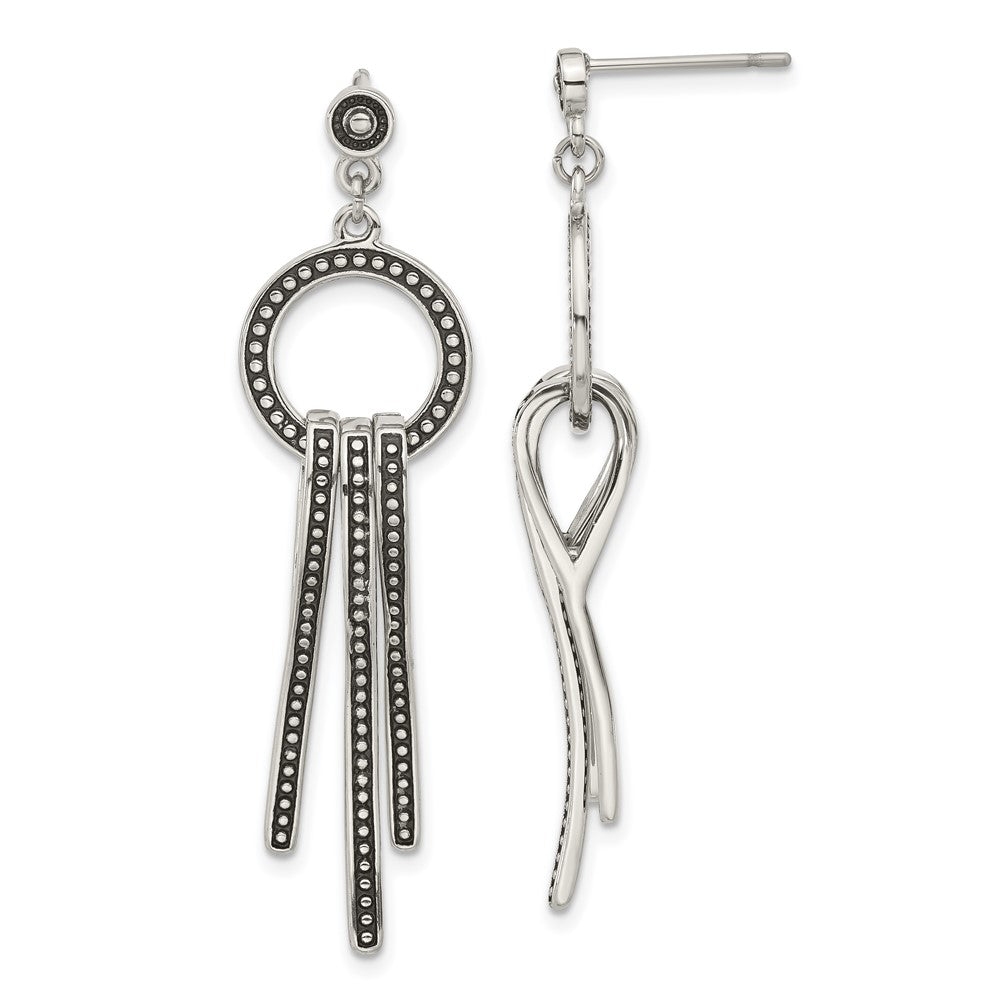 Stainless Steel Polished & Antiqued Circle Bars Post Dangle Earrings