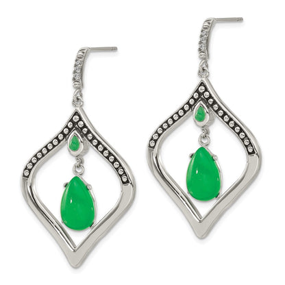 Stainless Steel Polished/Antiqued Syn. Dyed Jade & Cz Post Dangle Earrings