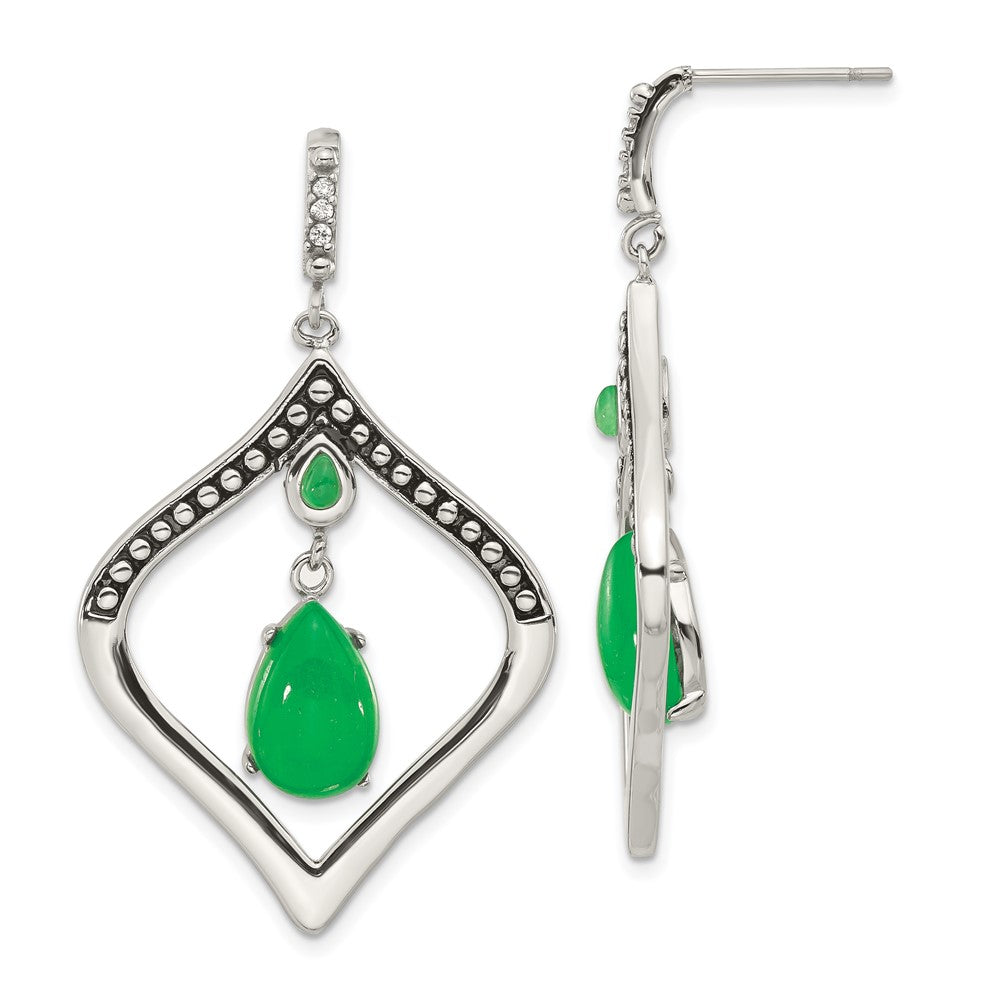 Stainless Steel Polished/Antiqued Syn. Dyed Jade & Cz Post Dangle Earrings