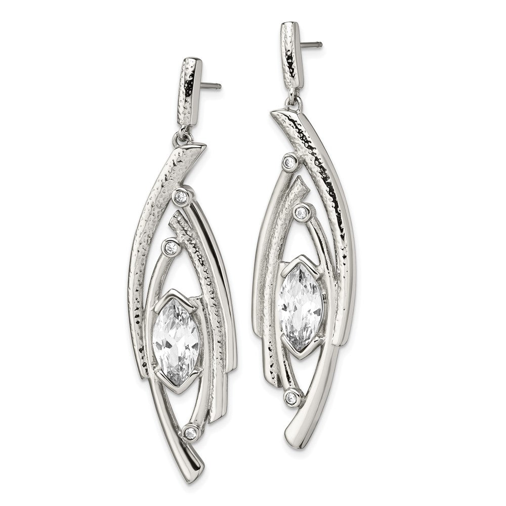 Stainless Steel Polished Textured Marquise Shape Cz Post Dangle Earrings