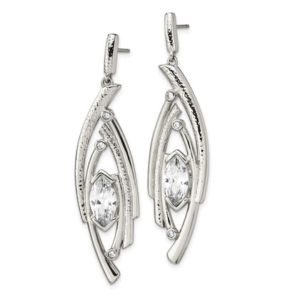 Stainless Steel Polished Textured Marquise Shape Cz Post Dangle Earrings