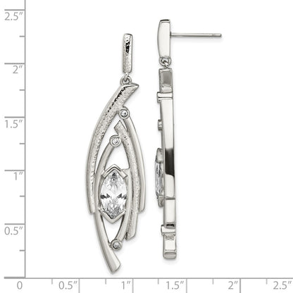Stainless Steel Polished Textured Marquise Shape Cz Post Dangle Earrings