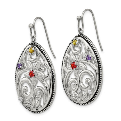 Stainless Steel Chisel Antiqued And Polished With Multicolor Cz Dangle Shepherd Hook Earrings