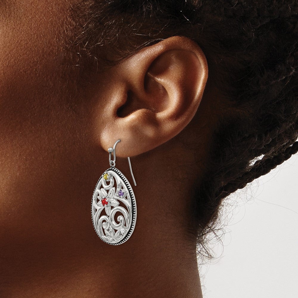 Stainless Steel Chisel Antiqued And Polished With Multicolor Cz Dangle Shepherd Hook Earrings