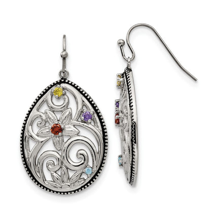Stainless Steel Chisel Antiqued And Polished With Multicolor Cz Dangle Shepherd Hook Earrings
