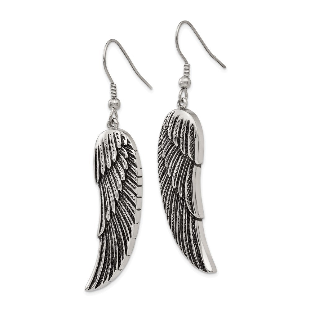 Stainless Steel Chisel Antiqued And Polished Wing Dangle Shepherd Hook Earrings