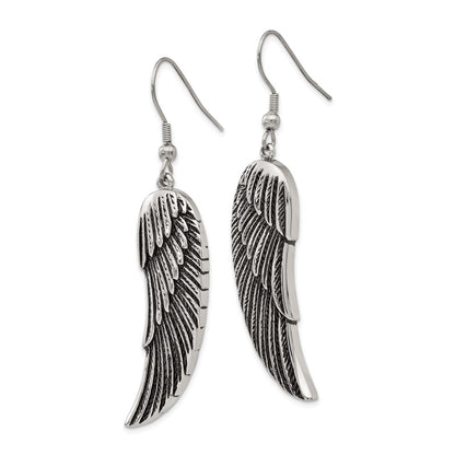 Stainless Steel Chisel Antiqued And Polished Wing Dangle Shepherd Hook Earrings