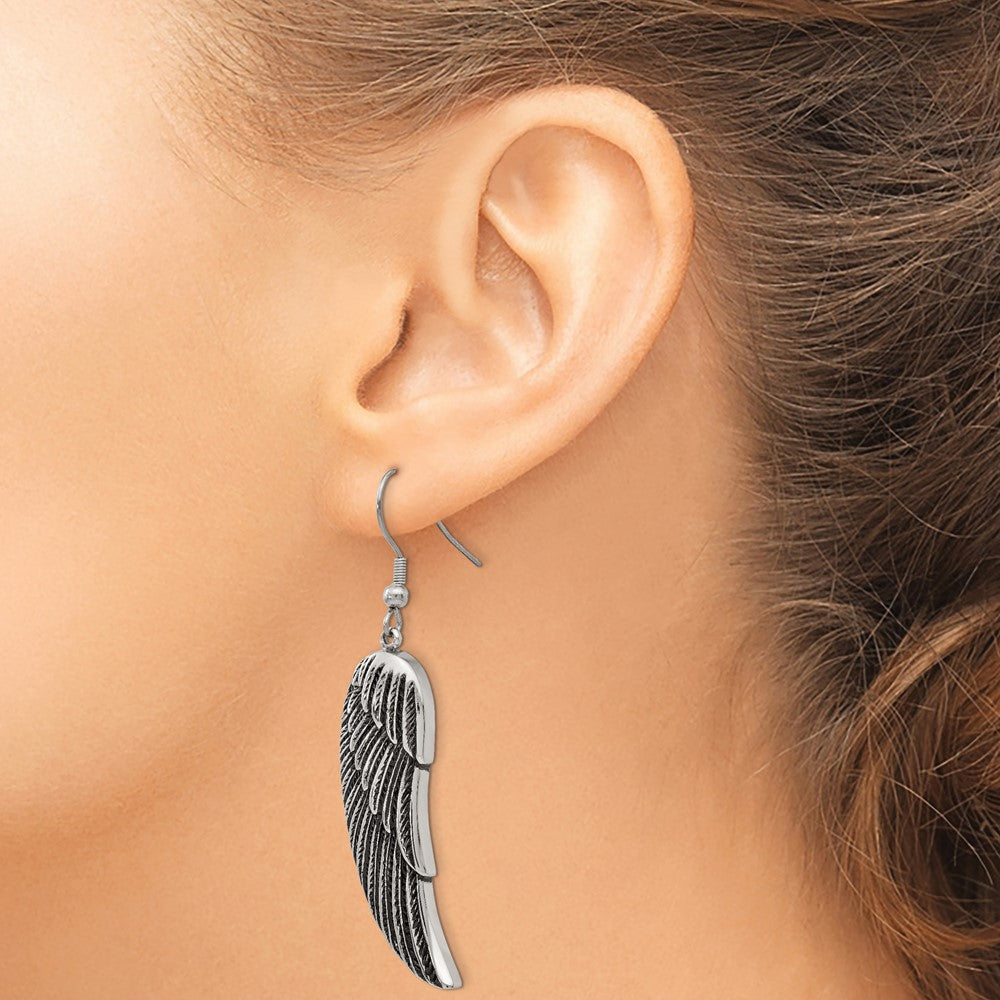 Stainless Steel Chisel Antiqued And Polished Wing Dangle Shepherd Hook Earrings