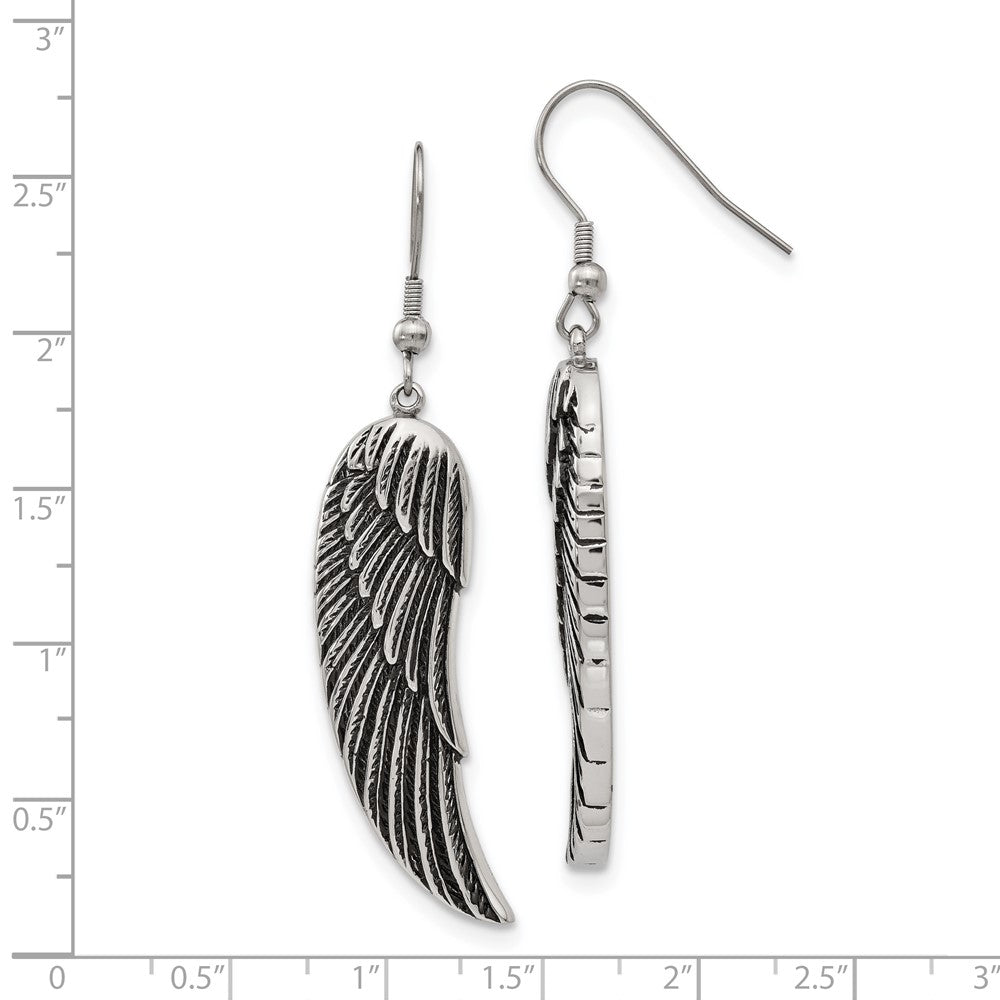 Stainless Steel Chisel Antiqued And Polished Wing Dangle Shepherd Hook Earrings