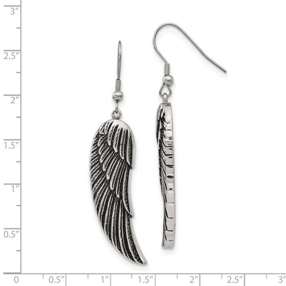 Stainless Steel Chisel Antiqued And Polished Wing Dangle Shepherd Hook Earrings