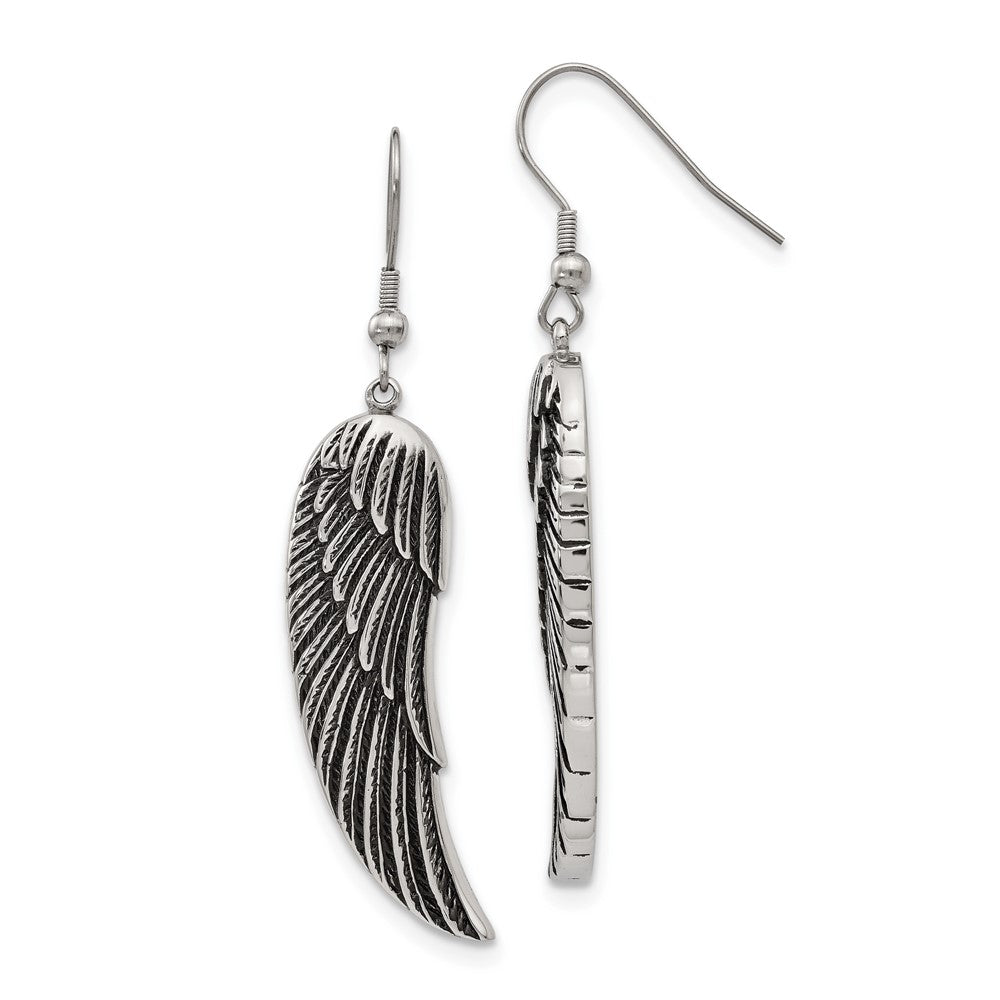 Stainless Steel Chisel Antiqued And Polished Wing Dangle Shepherd Hook Earrings