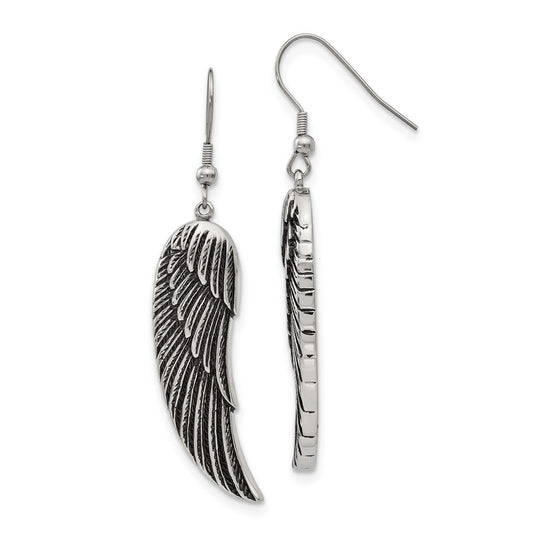 Stainless Steel Chisel Antiqued And Polished Wing Dangle Shepherd Hook Earrings