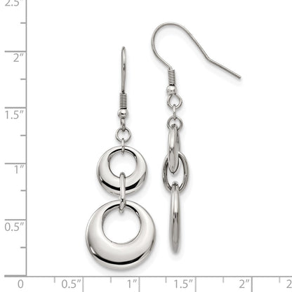 Stainless Steel Chisel Polished Circles Dangle Shepherd Hook Earrings