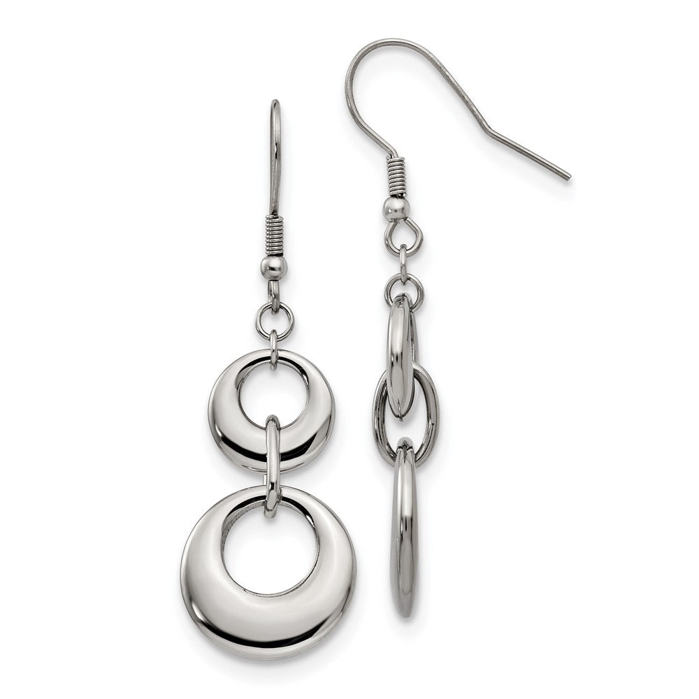 Stainless Steel Chisel Polished Circles Dangle Shepherd Hook Earrings