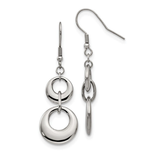 Stainless Steel Chisel Polished Circles Dangle Shepherd Hook Earrings