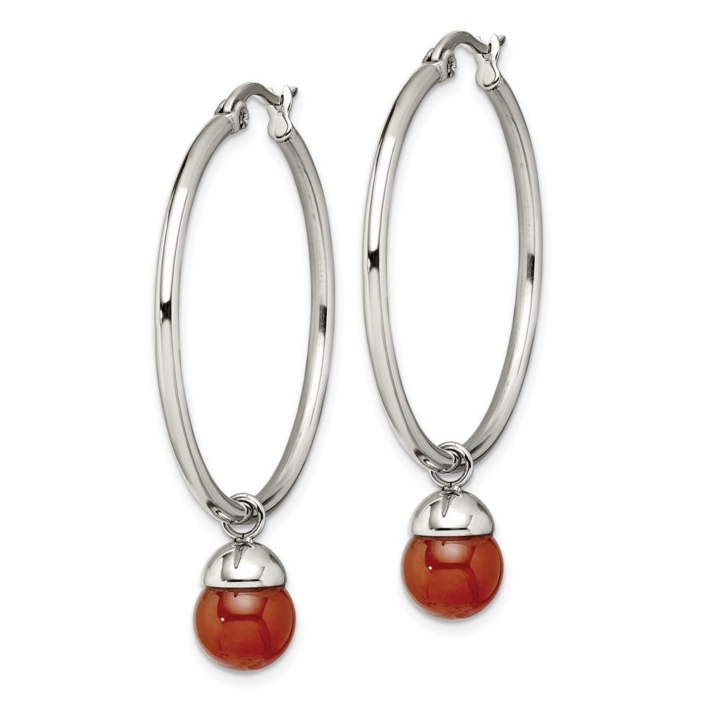 Stainless Steel Chisel Polished With Red Agate Dangle Hoop Earrings
