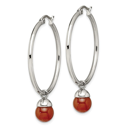 Stainless Steel Chisel Polished With Red Agate Dangle Hoop Earrings
