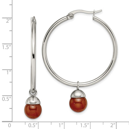 Stainless Steel Chisel Polished With Red Agate Dangle Hoop Earrings