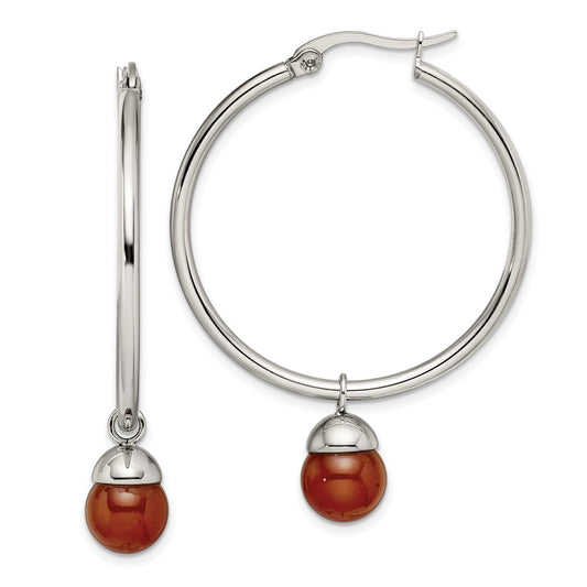 Stainless Steel Chisel Polished With Red Agate Dangle Hoop Earrings