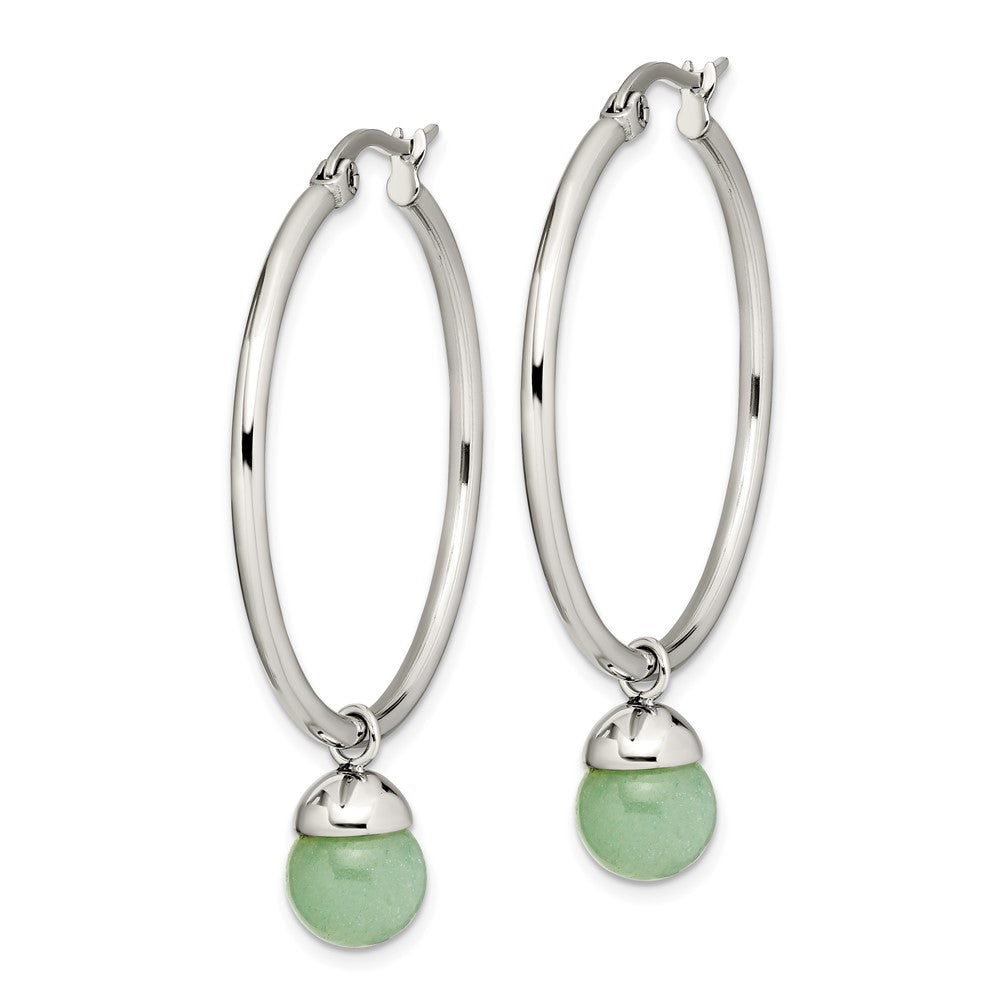 Stainless Steel Chisel Polished With Green Aventurine Dangle Hoop Earrings