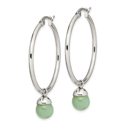 Stainless Steel Chisel Polished With Green Aventurine Dangle Hoop Earrings