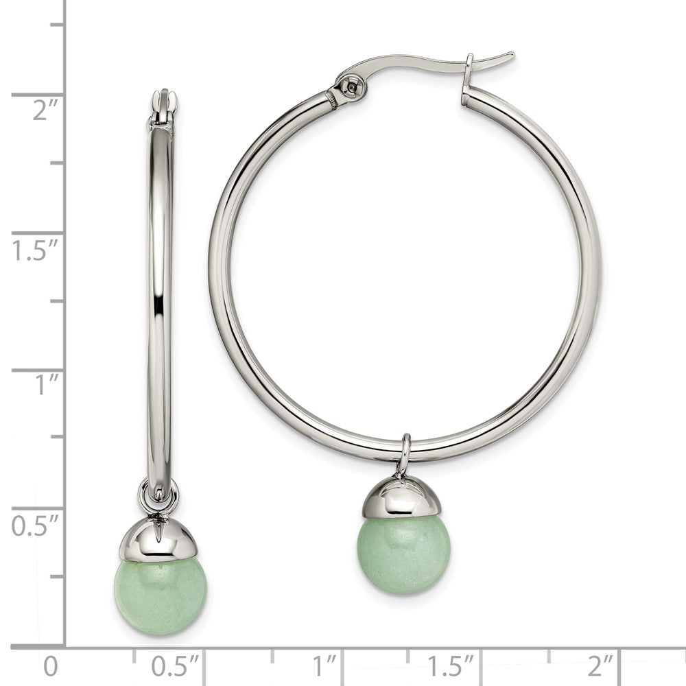 Stainless Steel Chisel Polished With Green Aventurine Dangle Hoop Earrings