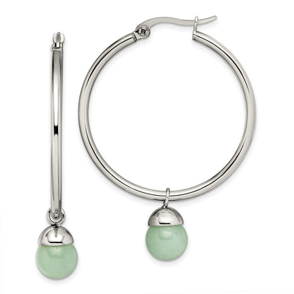 Stainless Steel Chisel Polished With Green Aventurine Dangle Hoop Earrings