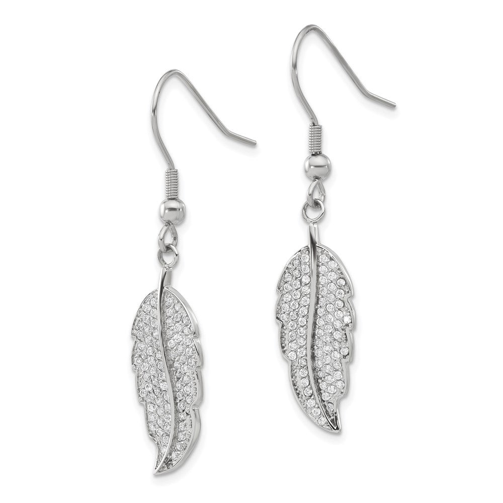 Stainless Steel Polished Cz Leaf Shepherd Hook Dangle Earrings