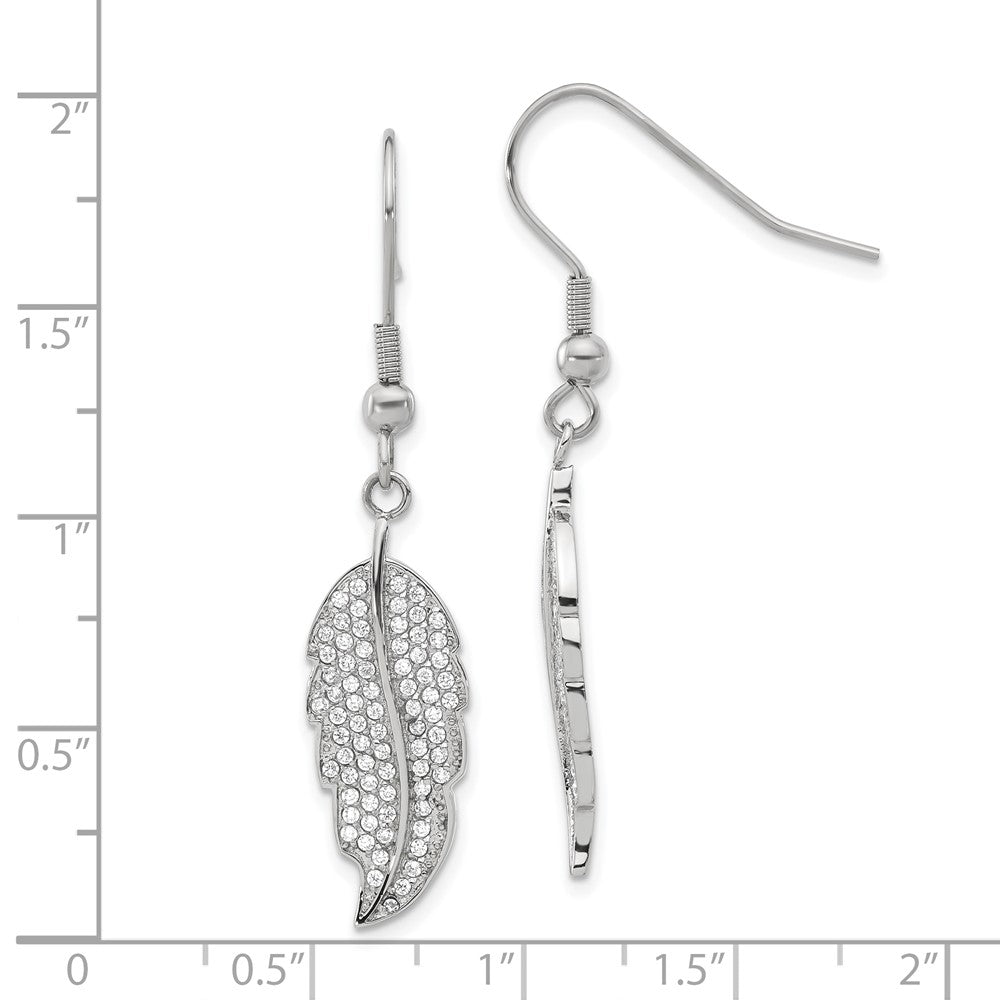 Stainless Steel Polished Cz Leaf Shepherd Hook Dangle Earrings
