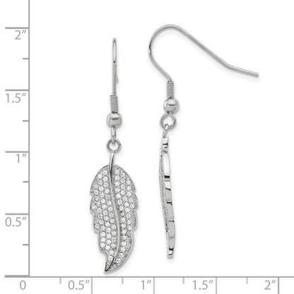 Stainless Steel Polished Cz Leaf Shepherd Hook Dangle Earrings