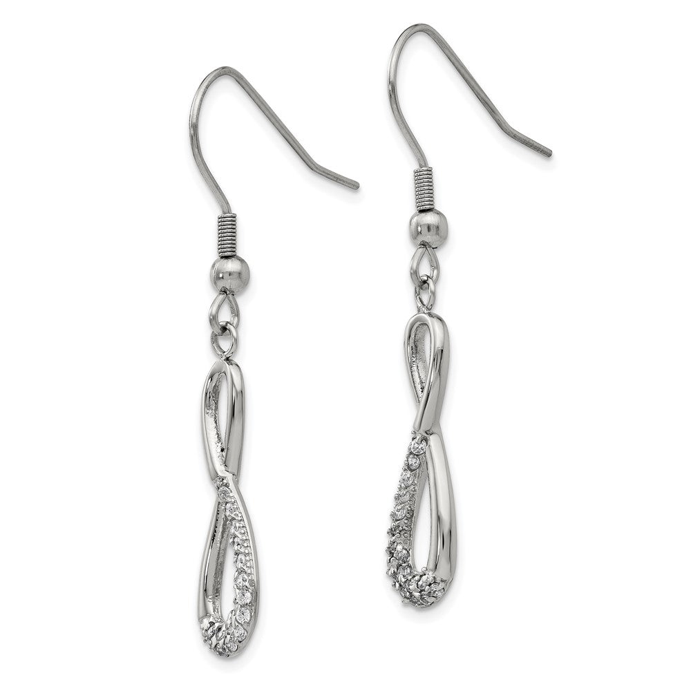 Stainless Steel Chisel Polished With Cz Infinity Dangle Shepherd Hook Earrings