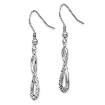 Stainless Steel Chisel Polished With Cz Infinity Dangle Shepherd Hook Earrings