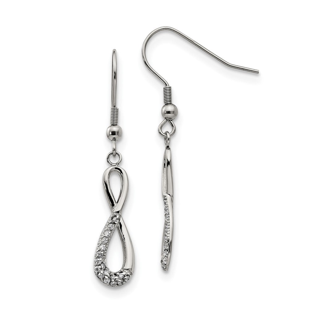 Stainless Steel Chisel Polished With Cz Infinity Dangle Shepherd Hook Earrings