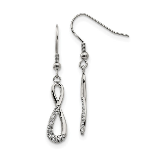 Stainless Steel Chisel Polished With Cz Infinity Dangle Shepherd Hook Earrings