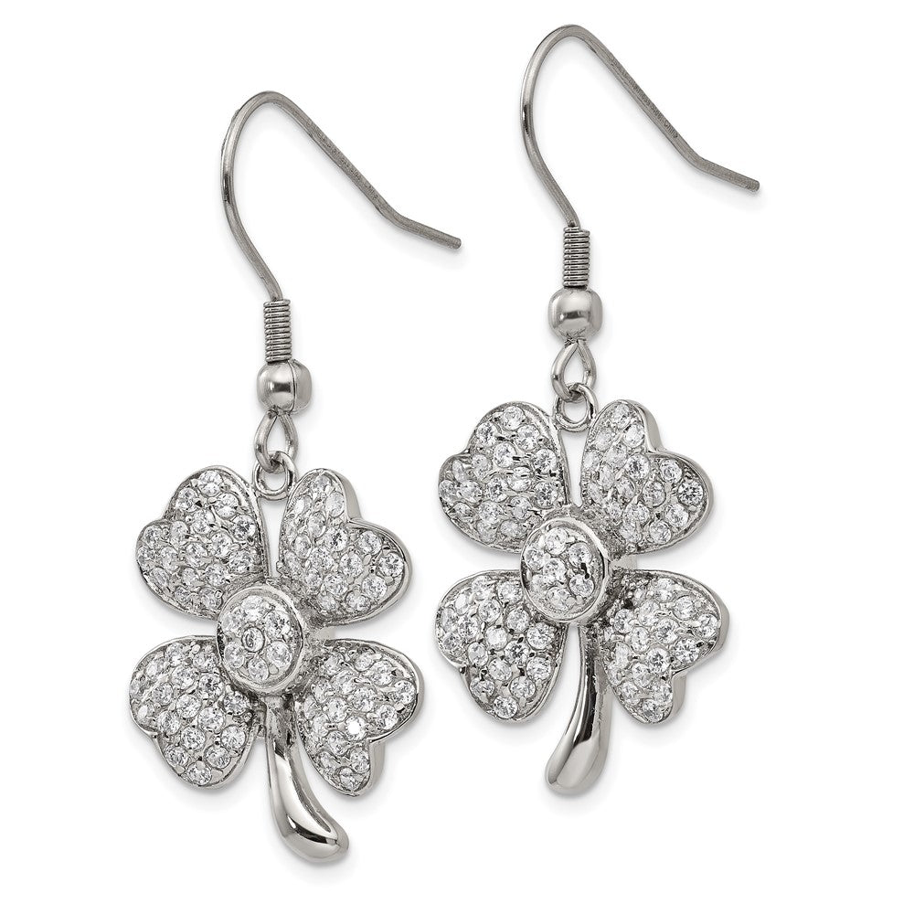 Stainless Steel Chisel Polished With Cz 4-Leaf Clover Dangle Shepherd Hook Earrings