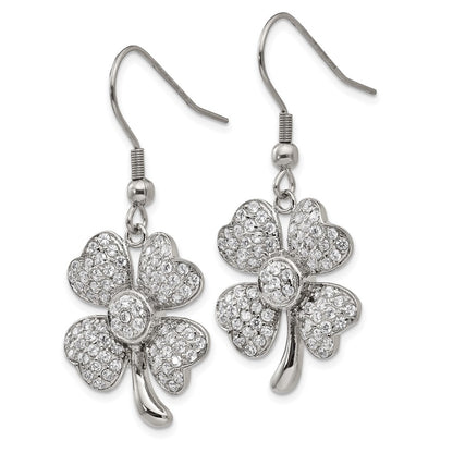 Stainless Steel Chisel Polished With Cz 4-Leaf Clover Dangle Shepherd Hook Earrings