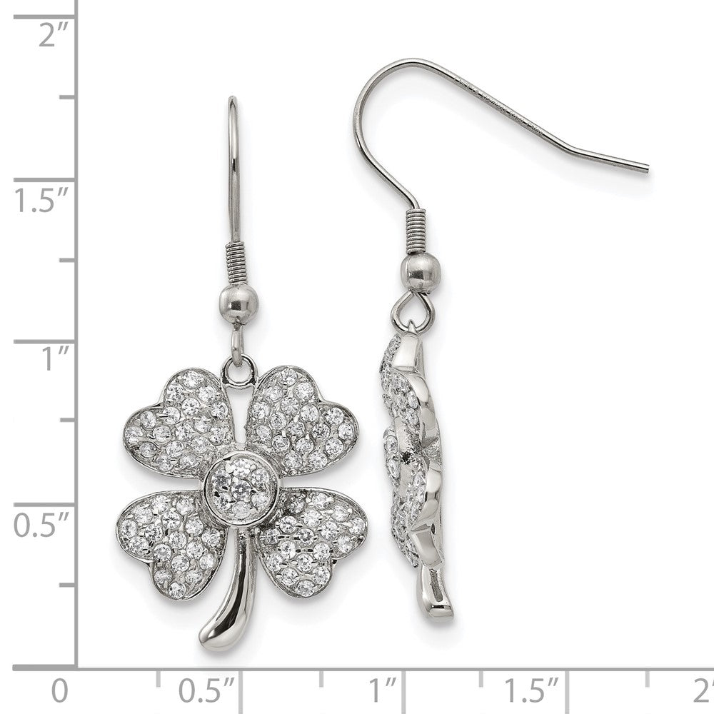 Stainless Steel Chisel Polished With Cz 4-Leaf Clover Dangle Shepherd Hook Earrings