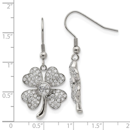 Stainless Steel Chisel Polished With Cz 4-Leaf Clover Dangle Shepherd Hook Earrings