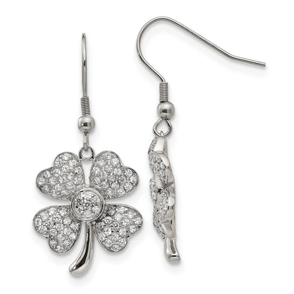 Stainless Steel Chisel Polished With Cz 4-Leaf Clover Dangle Shepherd Hook Earrings