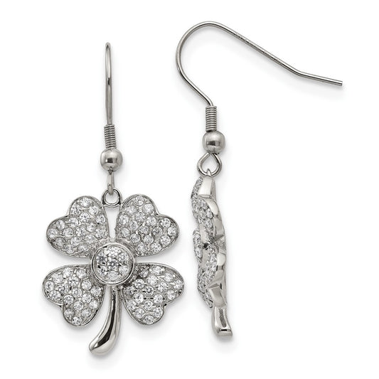 Stainless Steel Chisel Polished With Cz 4-Leaf Clover Dangle Shepherd Hook Earrings