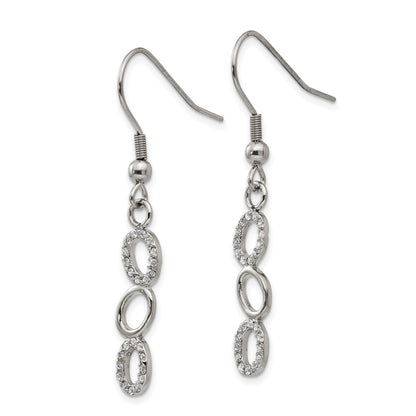 Stainless Steel Polished W/Cz Oval Dangle Shepherd Hook Earrings