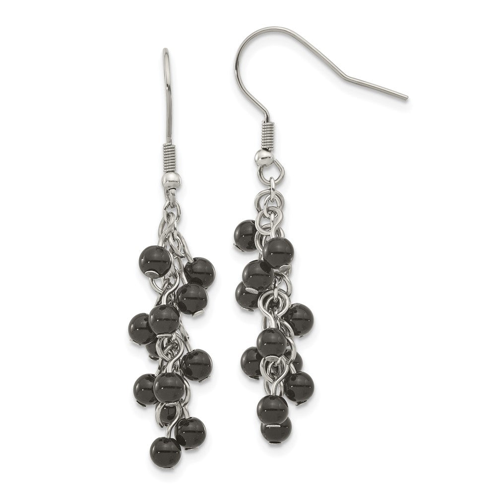 Stainless Steel Polished Black Agate Cluster Dangle Earrings