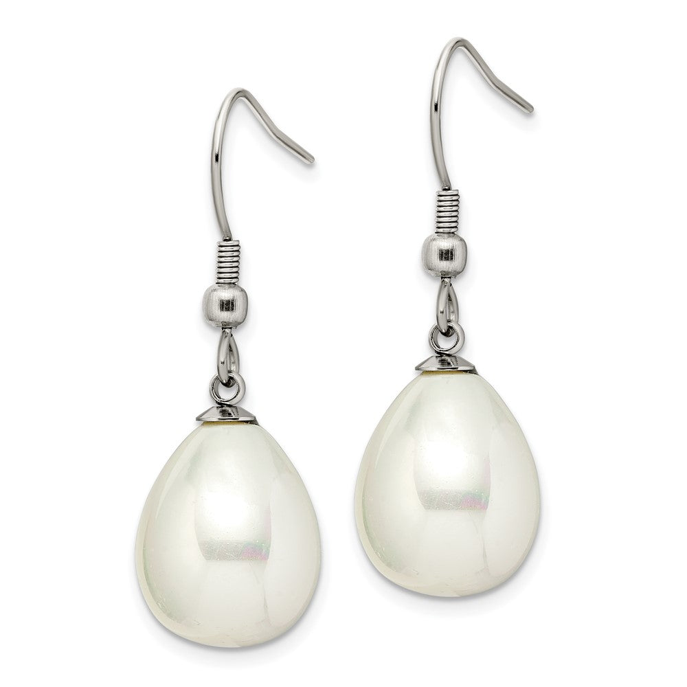 Stainless Steel Chisel Polished Shell Pearl Dangle Shepherd Hook Earrings
